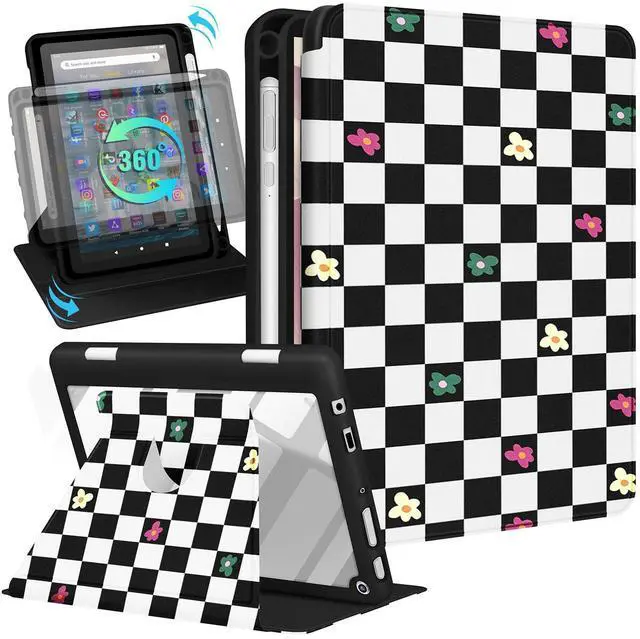 Main image of Kidcube for Kindle Fire HD 8/8 Plus Tablet Case - 10th/12th Generation (2020/2022) 8" Women Girls Cute Folio Cover with Pencil Holder Black Design Teen Rotating Stand Cases for Amazon Fire HD 8/8 Plus