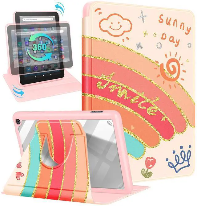 Main image of Kidcube for Amazon Kindle Fire 7 Tablet Case 12th Generation 2022 Release for Women Girls Cute Folio Cover Girly Rainbow Design Rotating Stand with Auto Wake/Sleep Teens for Kindle Fire 7 Cases 7"