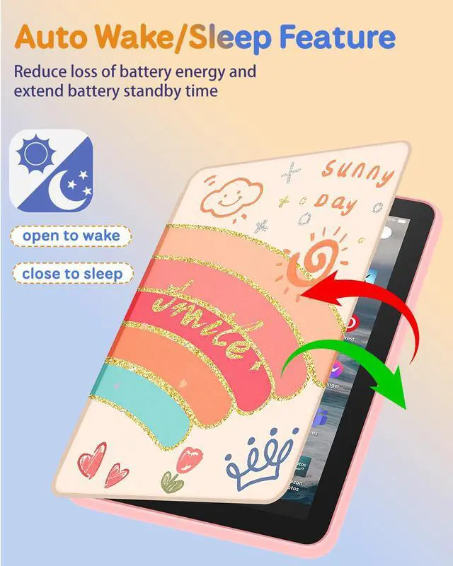 Alt view image 5 of 5 - Kidcube for Amazon Kindle Fire 7 Tablet Case 12th Generation 2022 Release for Women Girls Cute Folio Cover Girly Rainbow Design Rotating Stand with Auto Wake/Sleep Teens for Kindle Fire 7 Cases 7"