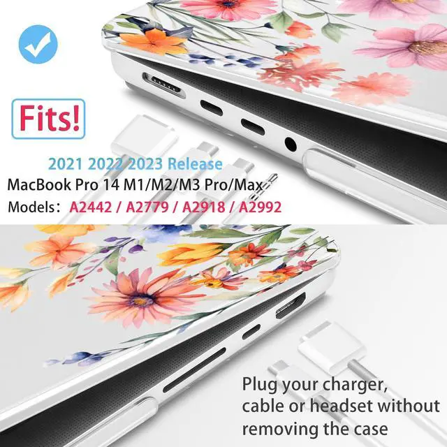 Alt view image 2 of 5 - Mektron Case for MacBook Pro 14 inch 2024 2023 2021 Model M4 A3112 A3401 A3185 M3 A2918 A2992 M2 A2779 M1A2442 Pro/Max, Plastic Hard Shell Case Cover for MacBook Pro 14" with Touch ID, Floral P165