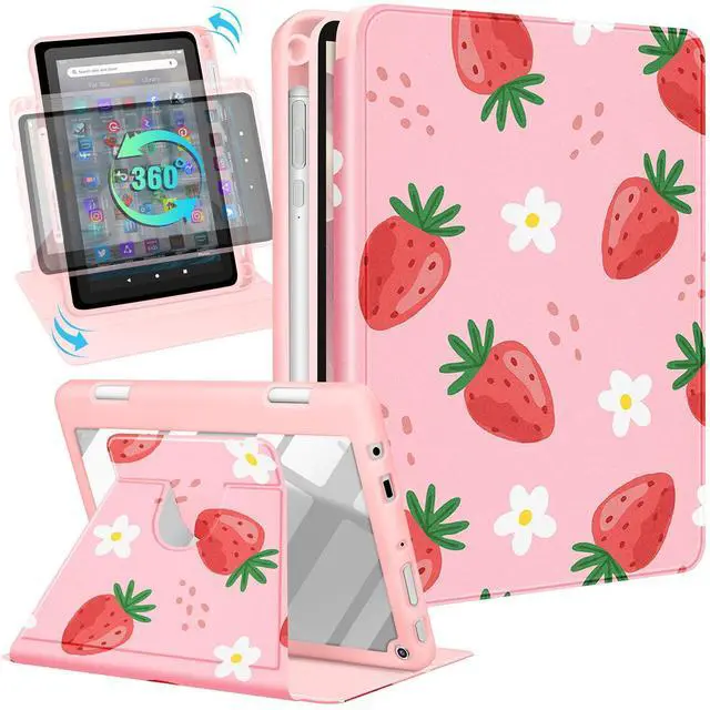 Main image of Kidcube for Kindle Fire HD 8/8 Plus Tablet Case - 10th/12th Generation (2020/2022) 8" Women Girls Cute Folio Cover with Pencil Holder Girly Strawberry Rotating Stand Cases for Amazon Fire HD 8/8 Plus