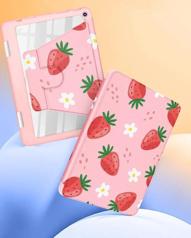 Alt view image 4 of 5 - Kidcube for Kindle Fire HD 8/8 Plus Tablet Case - 10th/12th Generation (2020/2022) 8" Women Girls Cute Folio Cover with Pencil Holder Girly Strawberry Rotating Stand Cases for Amazon Fire HD 8/8 Plus