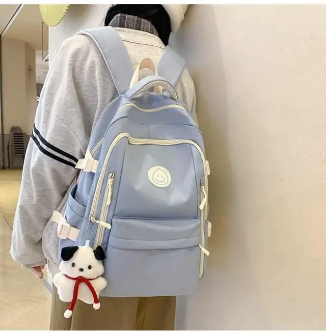 Alt view image 2 of 5 - MININAI Preppy Backpack with Cute Pendant Women Smile Face Laptop Backpack Kawaii Lightweight Aesthetic College Backpack (Blue,One Size)