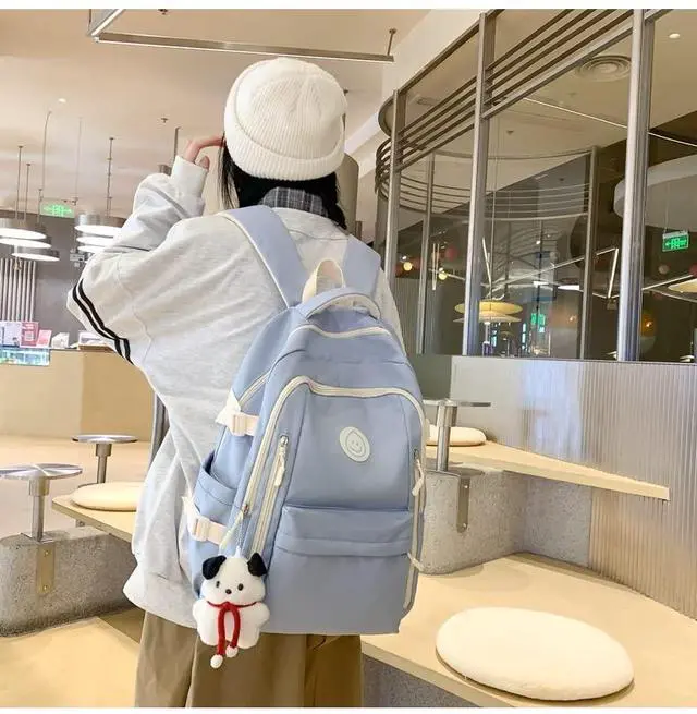 Alt view image 3 of 5 - MININAI Preppy Backpack with Cute Pendant Women Smile Face Laptop Backpack Kawaii Lightweight Aesthetic College Backpack (Blue,One Size)