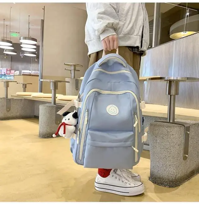 Alt view image 4 of 5 - MININAI Preppy Backpack with Cute Pendant Women Smile Face Laptop Backpack Kawaii Lightweight Aesthetic College Backpack (Blue,One Size)