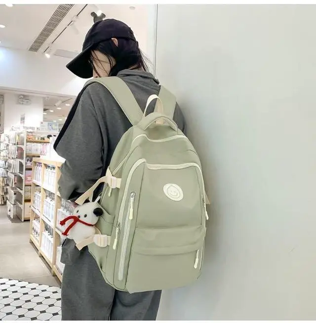 Alt view image 3 of 5 - MININAI Preppy Backpack with Cute Pendant Women Smile Face Laptop Backpack Kawaii Lightweight Aesthetic College Backpack (Sage Green,One Size)