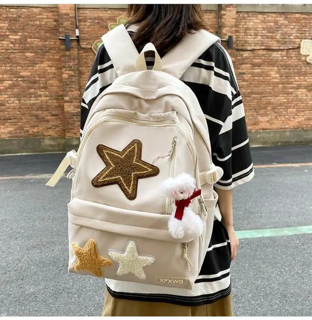 Alt view image 2 of 5 - MININAI Y2k Backpack with Kawaii Pendant Aesthetic Star Backpack Cute Preppy Laptop Book Bag Back to College Supplie (White,One Size)