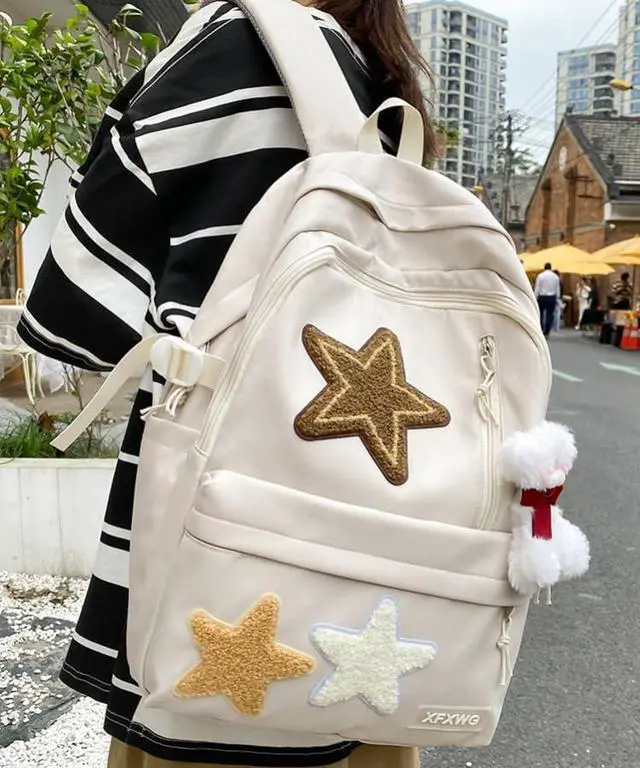Alt view image 3 of 5 - MININAI Y2k Backpack with Kawaii Pendant Aesthetic Star Backpack Cute Preppy Laptop Book Bag Back to College Supplie (White,One Size)