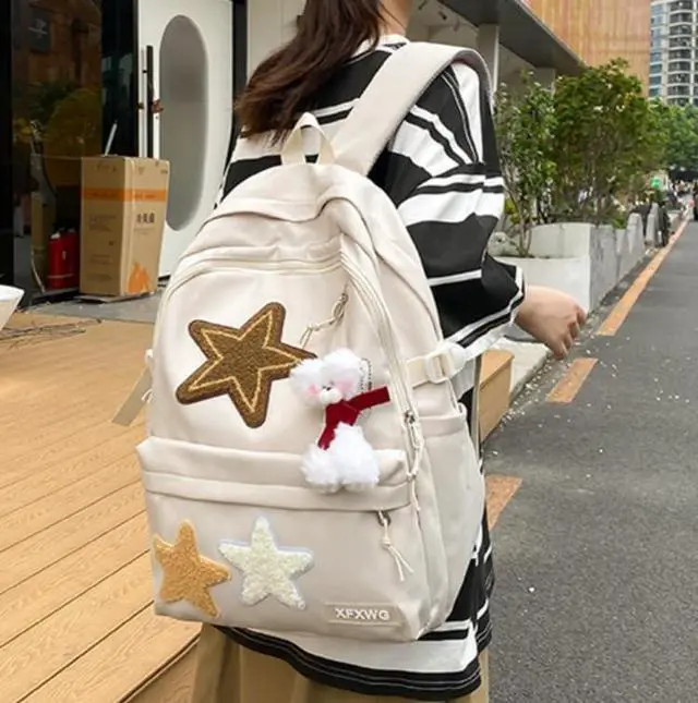 Alt view image 4 of 5 - MININAI Y2k Backpack with Kawaii Pendant Aesthetic Star Backpack Cute Preppy Laptop Book Bag Back to College Supplie (White,One Size)