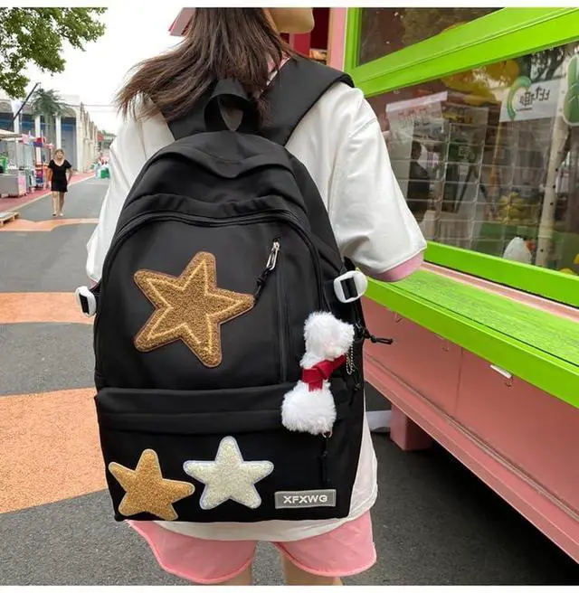 Alt view image 2 of 5 - MININAI Y2k Backpack with Kawaii Pendant Aesthetic Star Backpack Cute Preppy Laptop Book Bag Back to College Supplie (Black,One Size)