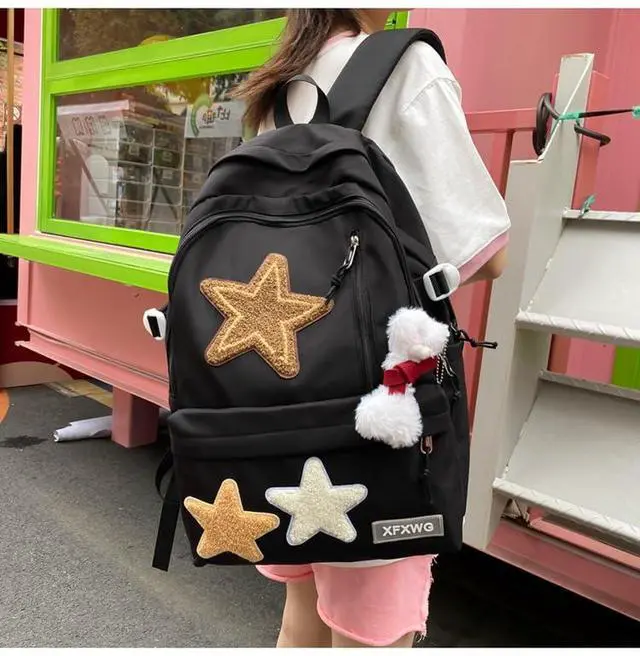 Alt view image 4 of 5 - MININAI Y2k Backpack with Kawaii Pendant Aesthetic Star Backpack Cute Preppy Laptop Book Bag Back to College Supplie (Black,One Size)