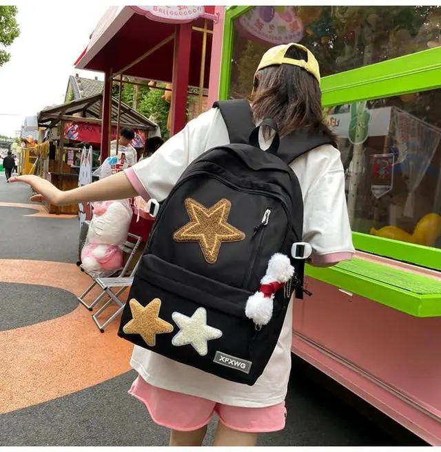 Alt view image 5 of 5 - MININAI Y2k Backpack with Kawaii Pendant Aesthetic Star Backpack Cute Preppy Laptop Book Bag Back to College Supplie (Black,One Size)