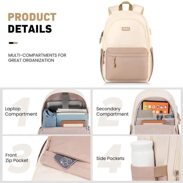 Alt view image 2 of 5 - KROSIAS School Backpack for Teens Girls, Cute Student Bookbag Large 15.6 Inch Laptop Bag Aesthetic College Backpacks for Women High School Travel (Khaki Beige)