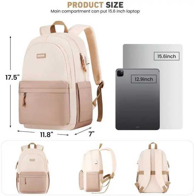 Alt view image 3 of 5 - KROSIAS School Backpack for Teens Girls, Cute Student Bookbag Large 15.6 Inch Laptop Bag Aesthetic College Backpacks for Women High School Travel (Khaki Beige)