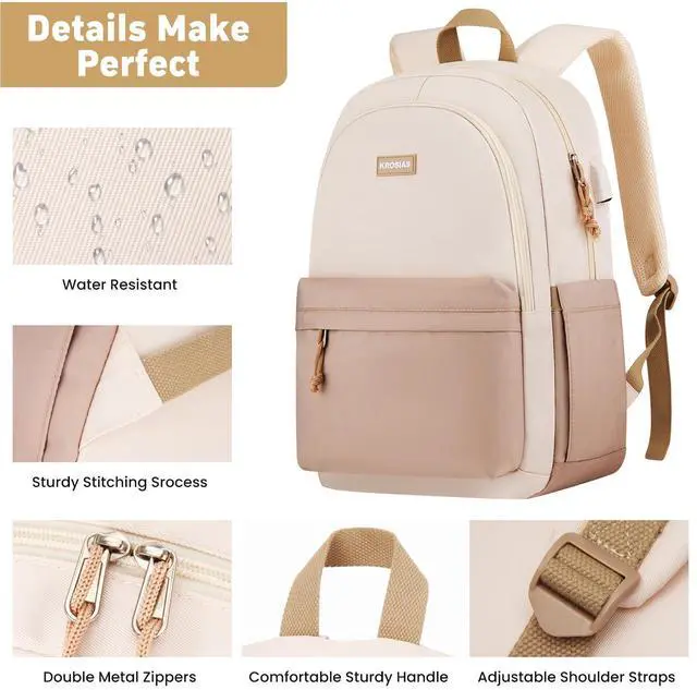 Alt view image 4 of 5 - KROSIAS School Backpack for Teens Girls, Cute Student Bookbag Large 15.6 Inch Laptop Bag Aesthetic College Backpacks for Women High School Travel (Khaki Beige)