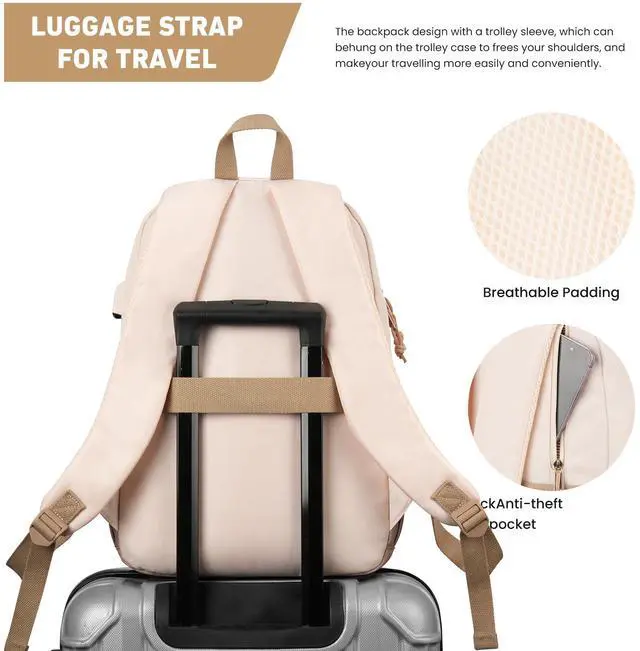 Alt view image 5 of 5 - KROSIAS School Backpack for Teens Girls, Cute Student Bookbag Large 15.6 Inch Laptop Bag Aesthetic College Backpacks for Women High School Travel (Khaki Beige)