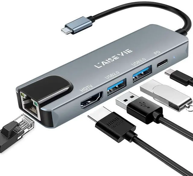 Main image of USB C Hub, 5 in 1 USB C 4K@32Hz HDMI Adapter with Ethernet Port, 100W Power Delivery PD Type C Charging Port, USB 3.0& 2.0 Adapter Compatible for MacBook Pro, Chromebook, XPS, and Devices