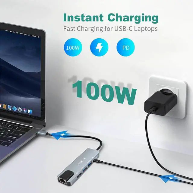 Alt view image 5 of 5 - USB C Hub, 5 in 1 USB C 4K@32Hz HDMI Adapter with Ethernet Port, 100W Power Delivery PD Type C Charging Port, USB 3.0& 2.0 Adapter Compatible for MacBook Pro, Chromebook, XPS, and Devices