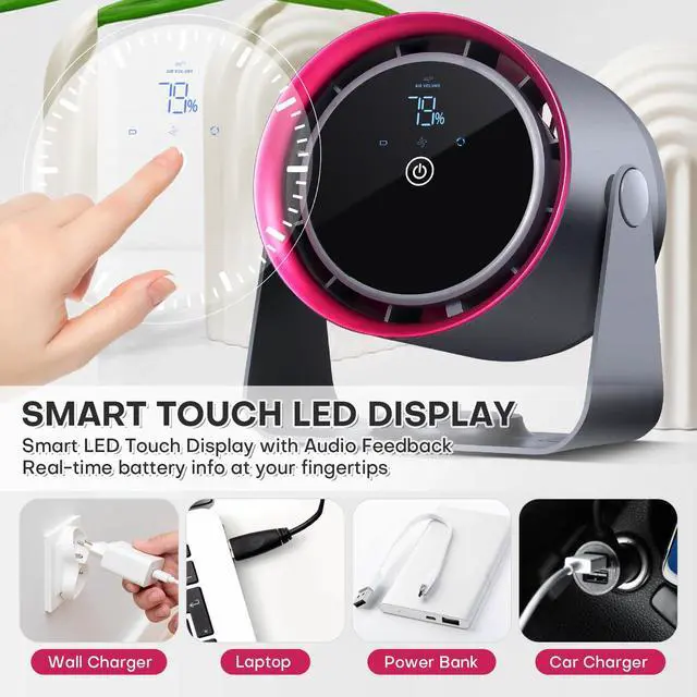 Alt view image 2 of 5 - Nezylaf Rechargeable Desk Fan, 5-Speed Quiet Strong Airflow Battery Operated Table Fan with Touchscreen Digital Display. Portable USB Powered Fan for Office, Bedroom, Kitchen, Small Travel Camping