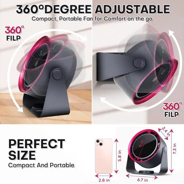 Alt view image 5 of 5 - Nezylaf Rechargeable Desk Fan, 5-Speed Quiet Strong Airflow Battery Operated Table Fan with Touchscreen Digital Display. Portable USB Powered Fan for Office, Bedroom, Kitchen, Small Travel Camping