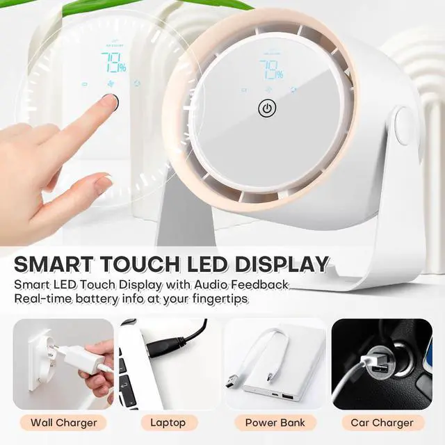 Alt view image 2 of 5 - Nezylaf Rechargeable Desk Fan, 5-Speed Quiet Strong Airflow Battery Operated Table Fan with Touchscreen Digital Display. Portable USB Powered Fan for Office, Bedroom, Kitchen, Small Travel Camping