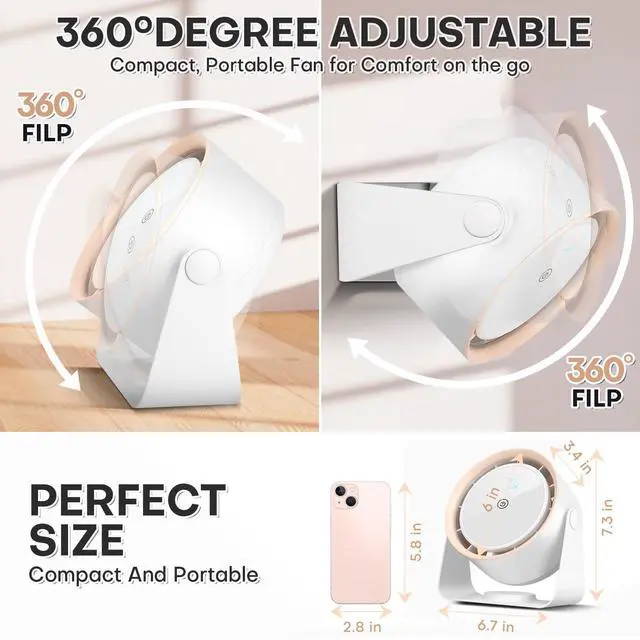 Alt view image 5 of 5 - Nezylaf Rechargeable Desk Fan, 5-Speed Quiet Strong Airflow Battery Operated Table Fan with Touchscreen Digital Display. Portable USB Powered Fan for Office, Bedroom, Kitchen, Small Travel Camping