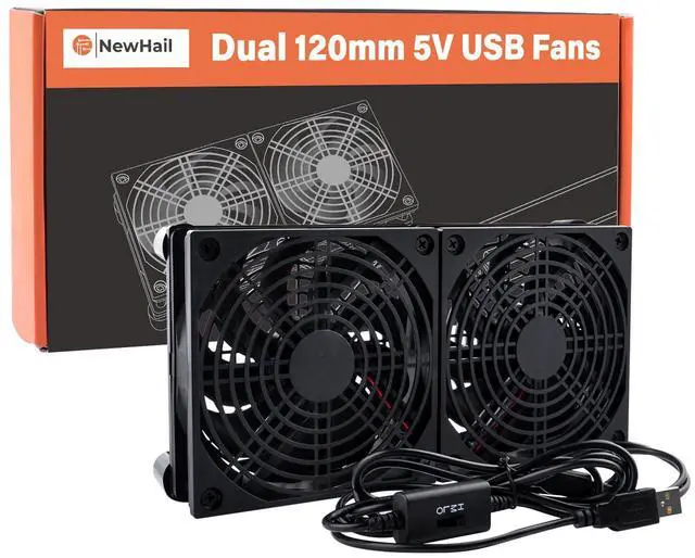 Main image of NewHail Quiet Dual 120mm USB Fan Dual-Ball Bearings, USB Fan 5V, with L/M/H 3-Degree Speed Controller High Airflow Cooling Fan for Router Modem Receiver DVR PlayStation Xbox TV Box