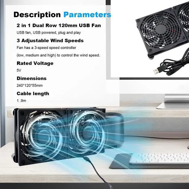 Alt view image 2 of 5 - NewHail Quiet Dual 120mm USB Fan Dual-Ball Bearings, USB Fan 5V, with L/M/H 3-Degree Speed Controller High Airflow Cooling Fan for Router Modem Receiver DVR PlayStation Xbox TV Box