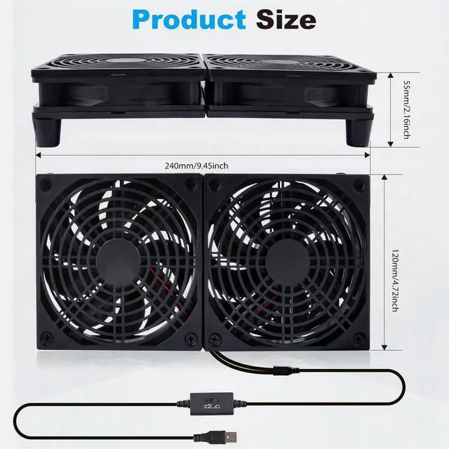 Alt view image 4 of 5 - NewHail Quiet Dual 120mm USB Fan Dual-Ball Bearings, USB Fan 5V, with L/M/H 3-Degree Speed Controller High Airflow Cooling Fan for Router Modem Receiver DVR PlayStation Xbox TV Box