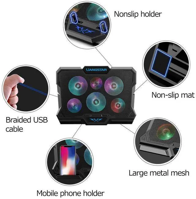 Alt view image 4 of 5 - Laptop Cooling Pad, Laptop Cooler with 6 Quiet Fans RGB 7 Color Light for 15.6-17 Inch Laptop Cooling Fan Stand, Portable Slim USB Powered Gaming Laptop Cooling Pad, Switch Control Fan Speed(Black)