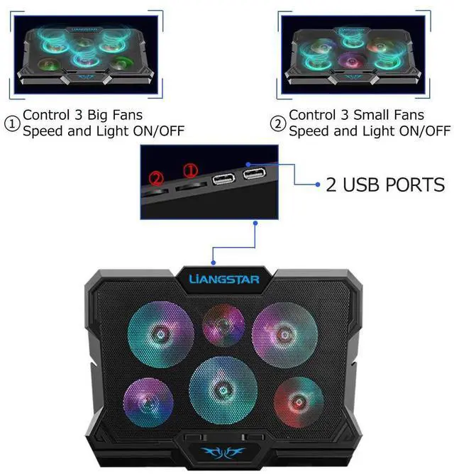 Alt view image 5 of 5 - Laptop Cooling Pad, Laptop Cooler with 6 Quiet Fans RGB 7 Color Light for 15.6-17 Inch Laptop Cooling Fan Stand, Portable Slim USB Powered Gaming Laptop Cooling Pad, Switch Control Fan Speed(Black)