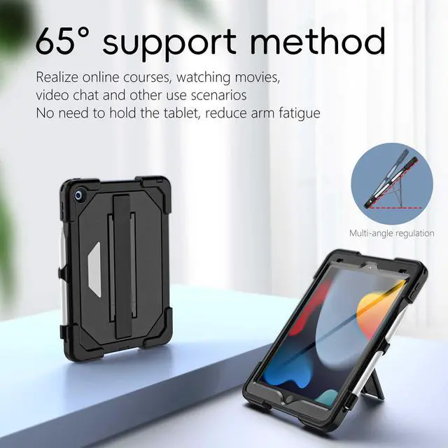 Alt view image 2 of 5 - for iPad 9th/8th/7th Generation Case, iPad 10.2 Case (2021/2020/2019), Built-in Screen Protector, Heavy Duty Protective Case with Kickstand & Hand Strap, Full Body Shockproof Protective Cover (Black)