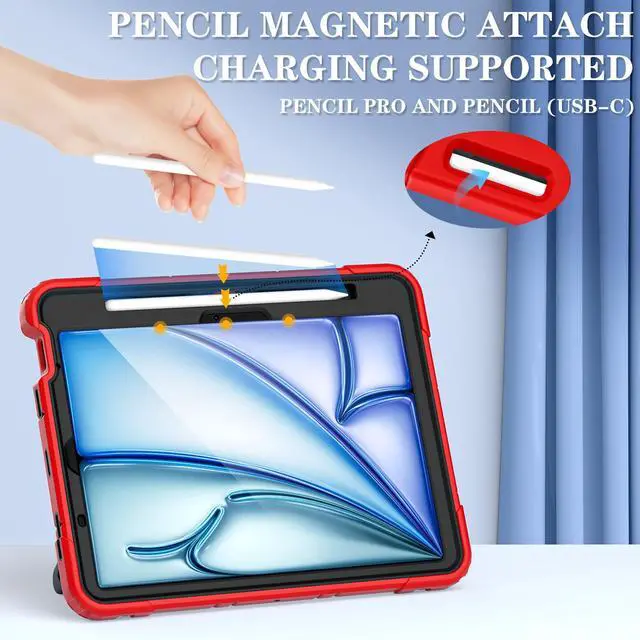 Alt view image 2 of 5 - Case for iPad Air 11 Inch Case M2 / M3 (2024/2025) iPad Air 5th/4th Generaton 10.9 Inch (2022/2020) 6th Generation 2024 Cover for Kids with Pen Holder Screen Protector Thickned Cornor, Red Black