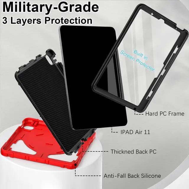 Alt view image 4 of 5 - Case for iPad Air 11 Inch Case M2 / M3 (2024/2025) iPad Air 5th/4th Generaton 10.9 Inch (2022/2020) 6th Generation 2024 Cover for Kids with Pen Holder Screen Protector Thickned Cornor, Red Black