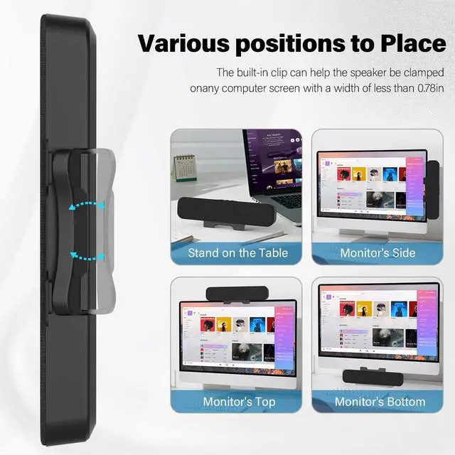 Alt view image 3 of 5 - OGUPGX Computer Speakers for Desktop Pc, Monitor Speakers for Laptop,Pc Speakers with Loud Sound,Volume Control Easily Clamps to Monitors(USB-C to USB Adapter Included) (Black)
