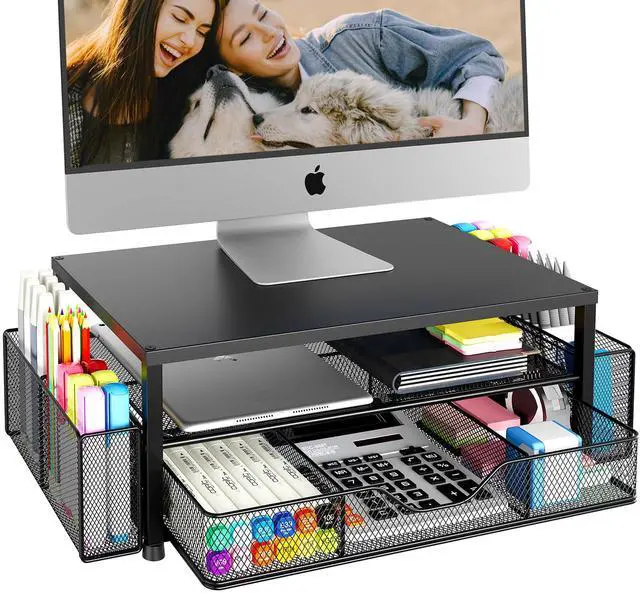 Main image of OPNICE Desk Organizer and Accessories, 2-Tier Computer Monitor Stand Riser with Drawer and 2 Pen Holders, Office Desk Accessories for Office Supplies, Black