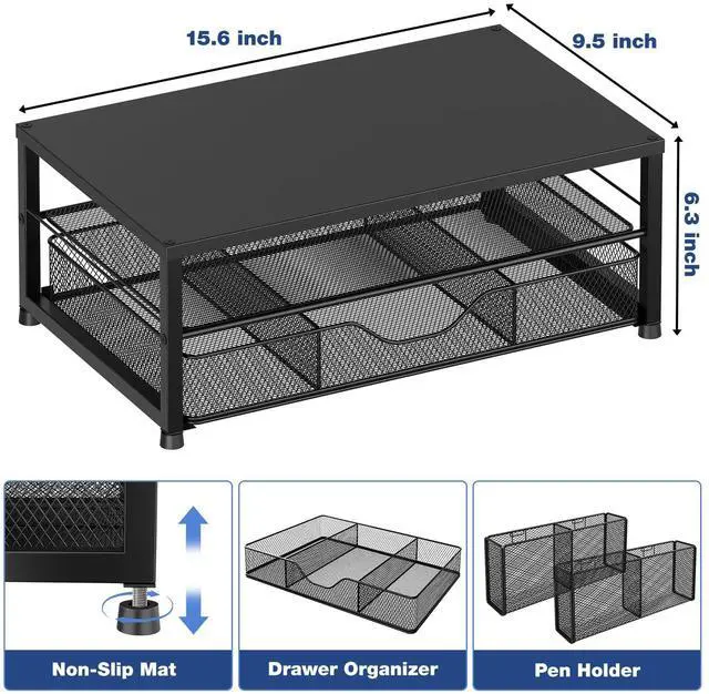 Alt view image 3 of 5 - OPNICE Desk Organizer and Accessories, 2-Tier Computer Monitor Stand Riser with Drawer and 2 Pen Holders, Office Desk Accessories for Office Supplies, Black