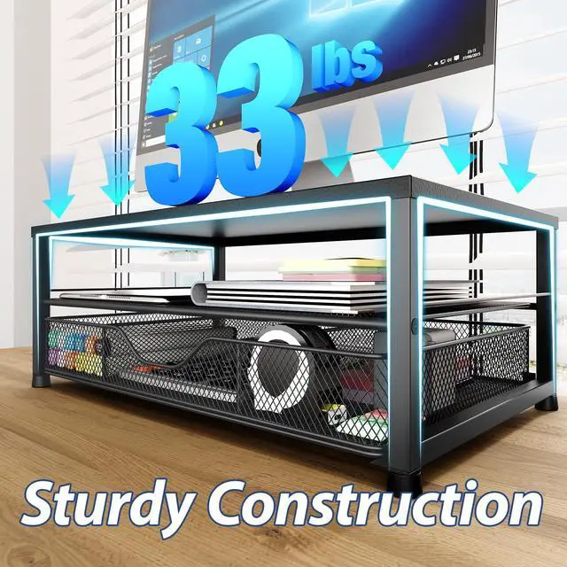 Alt view image 5 of 5 - OPNICE Desk Organizer and Accessories, 2-Tier Computer Monitor Stand Riser with Drawer and 2 Pen Holders, Office Desk Accessories for Office Supplies, Black