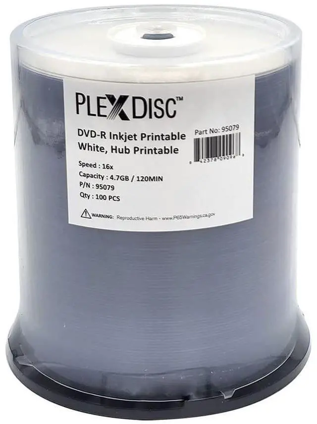Main image of PlexDisc 95079 DVD-R 4.7GB 16X White Inkjet Hub Printable - 100pk Spindle Frustration Free Packaging, 100 Disc