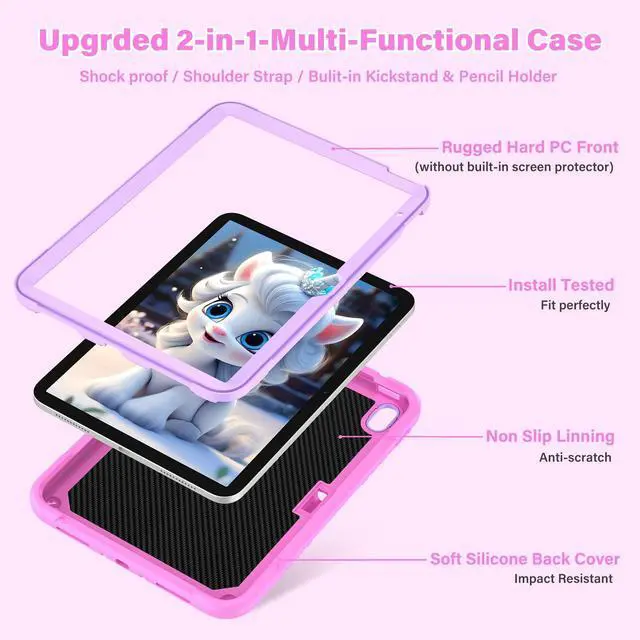 Alt view image 2 of 5 - Paorixln for iPad 10th Generation 2022 Case, iPad 10.9 Cover with Stylus Pencil& Shoulder Straps& Unicorn Stand, Fully-Body Rugged Heavy Duty Shockproof, Cute Tablet Case for Kids Girls (Pink)