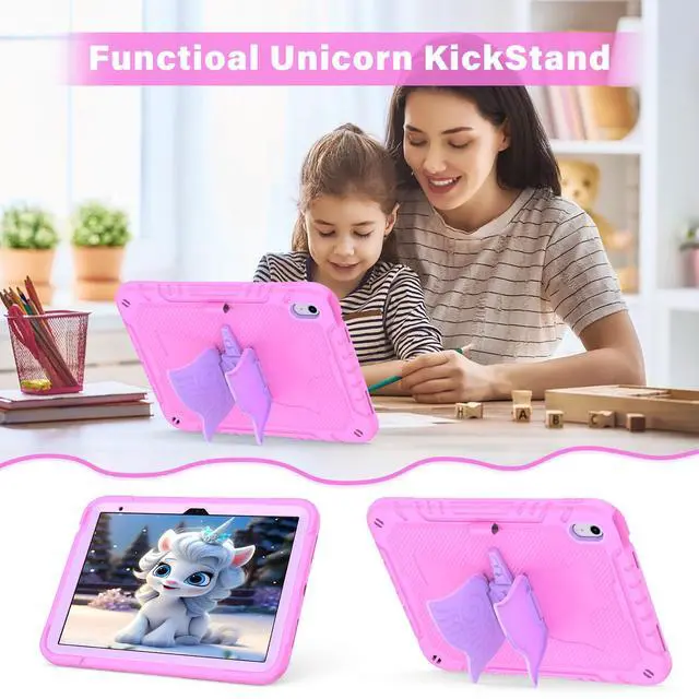 Alt view image 3 of 5 - Paorixln for iPad 10th Generation 2022 Case, iPad 10.9 Cover with Stylus Pencil& Shoulder Straps& Unicorn Stand, Fully-Body Rugged Heavy Duty Shockproof, Cute Tablet Case for Kids Girls (Pink)