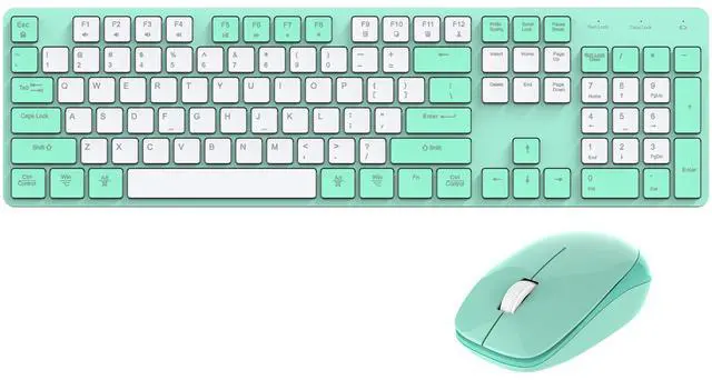 Main image of POWZAN Wireless Keyboard and Mouse Combo, 2.4G USB Ergonomic Quiet Keyboard with Tilt Legs Design, Full-Sized Green Cute Silent Mouse for Windows, Mac OS, Computer, Laptop, PC - Green White