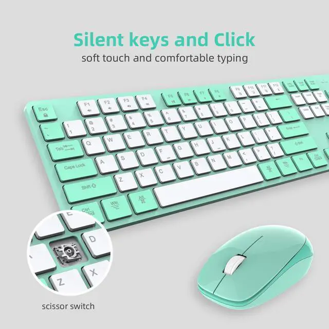 Alt view image 2 of 5 - POWZAN Wireless Keyboard and Mouse Combo, 2.4G USB Ergonomic Quiet Keyboard with Tilt Legs Design, Full-Sized Green Cute Silent Mouse for Windows, Mac OS, Computer, Laptop, PC - Green White