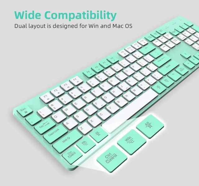Alt view image 3 of 5 - POWZAN Wireless Keyboard and Mouse Combo, 2.4G USB Ergonomic Quiet Keyboard with Tilt Legs Design, Full-Sized Green Cute Silent Mouse for Windows, Mac OS, Computer, Laptop, PC - Green White
