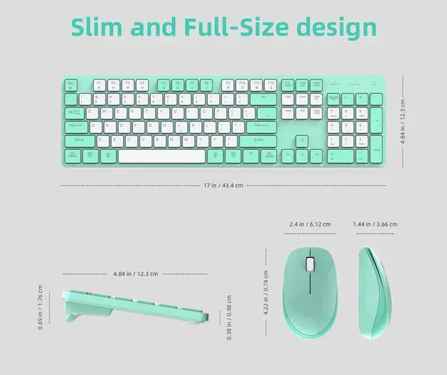 Alt view image 4 of 5 - POWZAN Wireless Keyboard and Mouse Combo, 2.4G USB Ergonomic Quiet Keyboard with Tilt Legs Design, Full-Sized Green Cute Silent Mouse for Windows, Mac OS, Computer, Laptop, PC - Green White