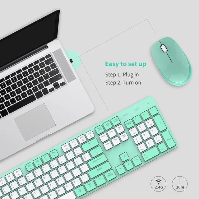 Alt view image 5 of 5 - POWZAN Wireless Keyboard and Mouse Combo, 2.4G USB Ergonomic Quiet Keyboard with Tilt Legs Design, Full-Sized Green Cute Silent Mouse for Windows, Mac OS, Computer, Laptop, PC - Green White