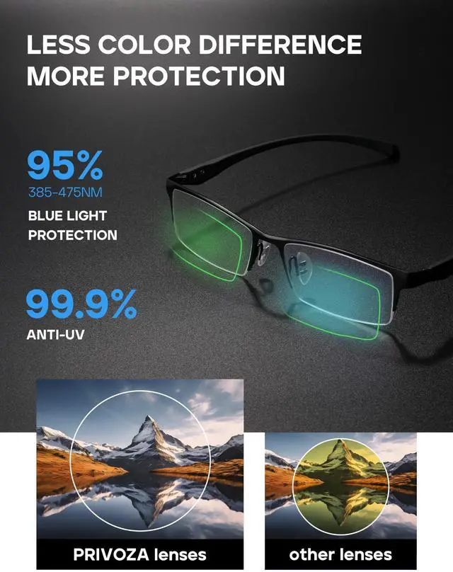 Alt view image 3 of 5 - PRIVOZA Blue Light Glasses for Men Semi Rimless Rectangular Computer Glasses Blue Blocker Anti Glare UV400 Protection (Black)