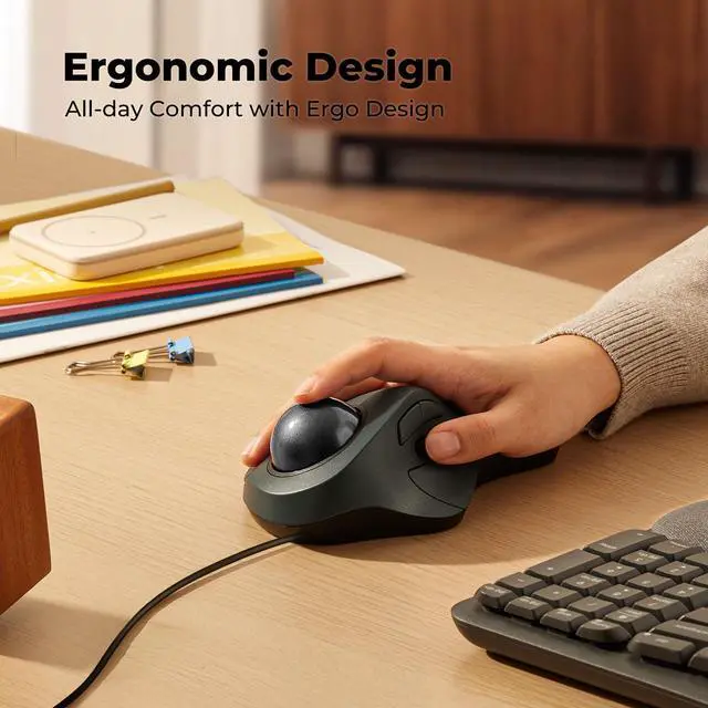 Alt view image 2 of 5 - PORLEI Wired Trackball Mouse, Easy Index Finger Control, Ergonomic Comfort Design Reduces Muscle Strain, Precision and Smooth Tracking, Compatible for PC, Laptop, Windows, Mac-Black