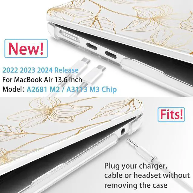 Alt view image 2 of 5 - Mektron for 2025 M4 MacBook Air 13.6 Inch A3240 Case Fits 2023 A2681 M2 2024 A3113 M3 Chip with Liquid Retina Display Touch ID, Printed Plastic Hard Shell Cover for MacBook Air 13.6", Gold Flower S718