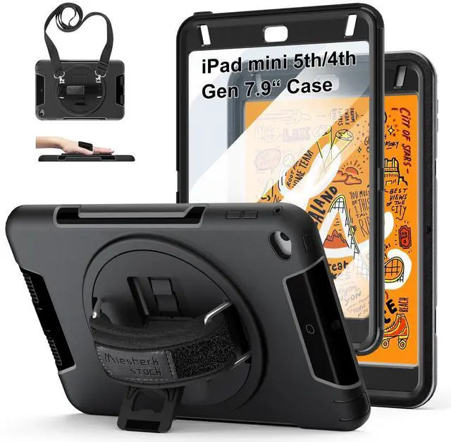 Main image of Case for iPad mini 5/4 7.9 INCH: TPU Cover for iPad mini 5th/4th Generation 7.9 Inch 2019/2015 with- Screen Protector- Stand- Handle- Shoulder Strap- Pencil Holder- Black